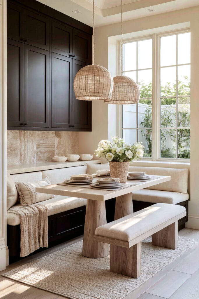 Chocolate brown built-in cabinets with cream banquette seating, light wood dining table, woven pendant lights, and warm neutral breakfast nook decor.