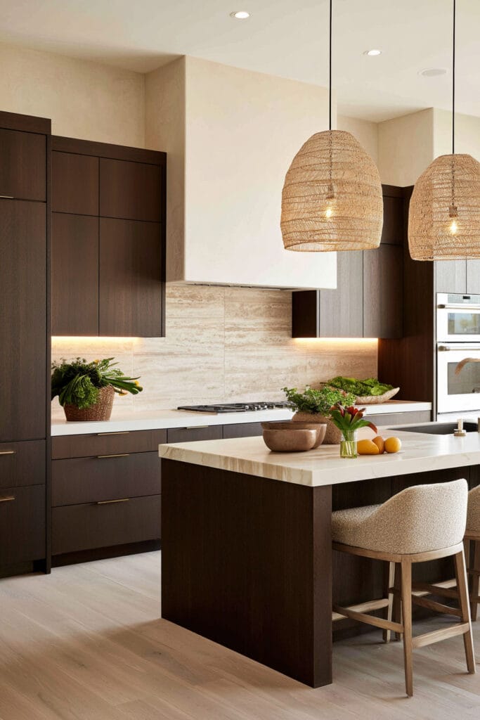 Chocolate brown kitchen cabinets and island with cream stone countertops, woven pendant lights, and warm under-cabinet lighting.