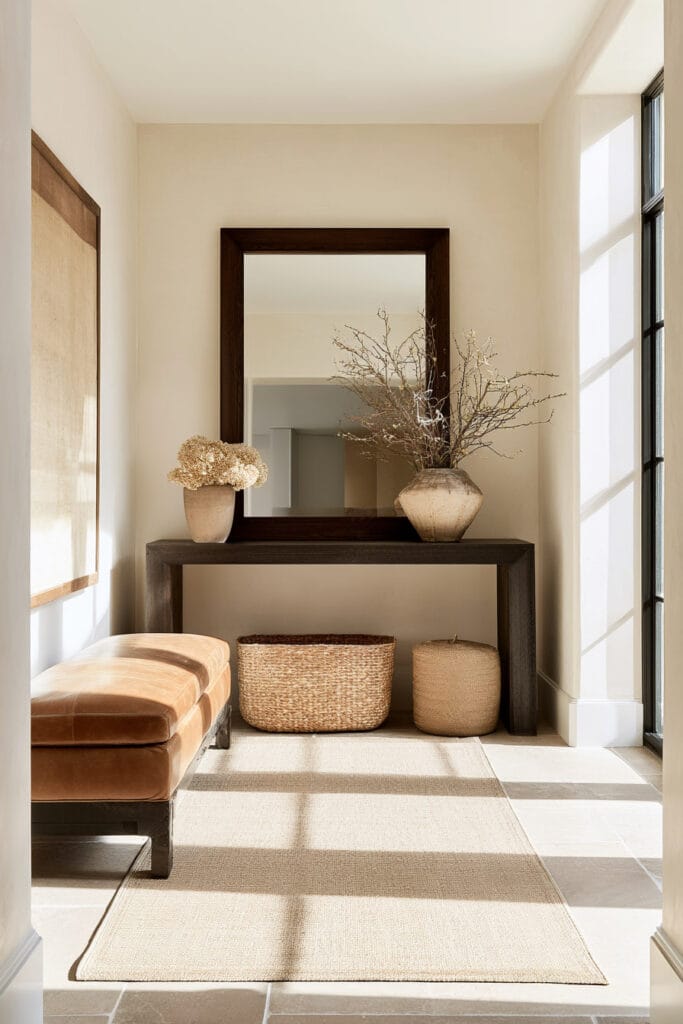 Timeless warm neutral entryway with deep brown wood console, large framed mirror, cognac leather bench, woven baskets, and neutral pottery.