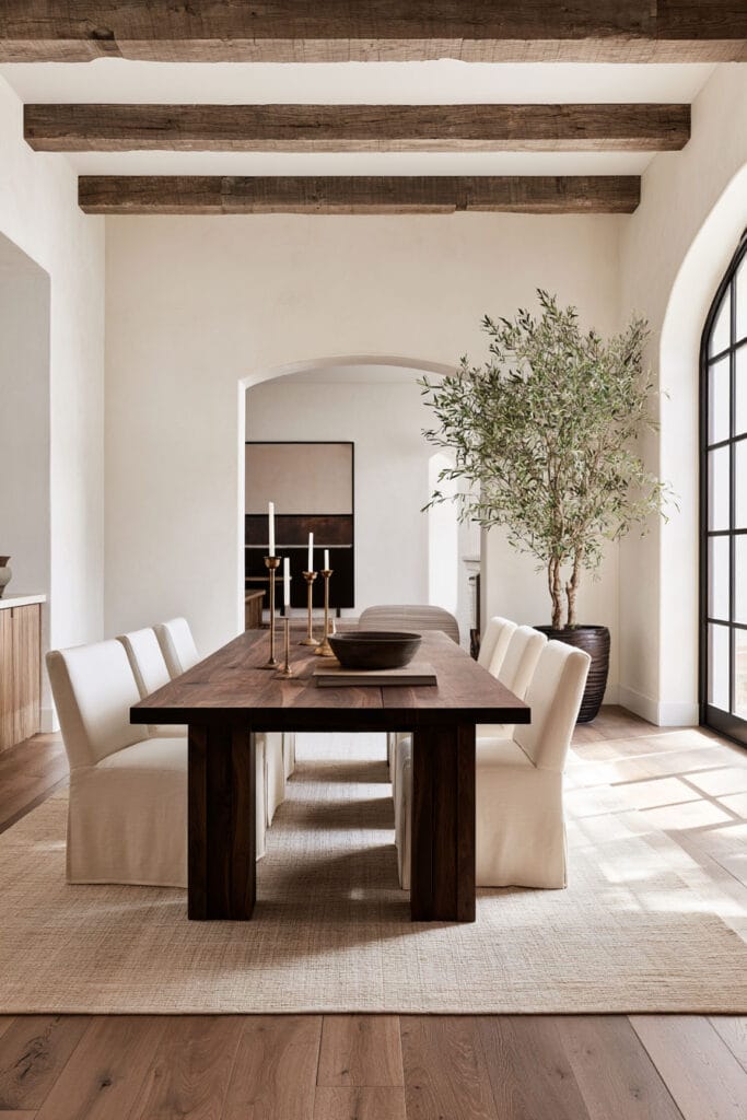 Beige, brown, and cream dining room with dark wood table, cream upholstered chairs, rustic ceiling beams, neutral rug, and olive tree.