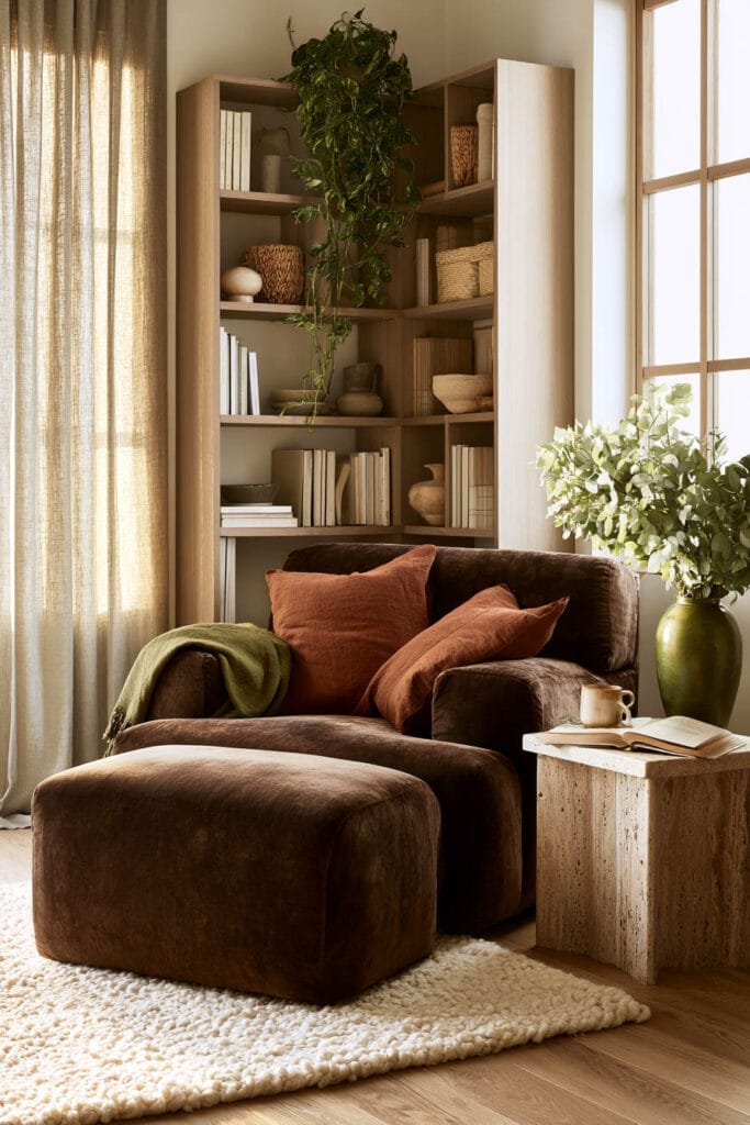 Chocolate brown reading chair with rust pillows, olive green accents, cream rug, greenery, and warm natural textures.