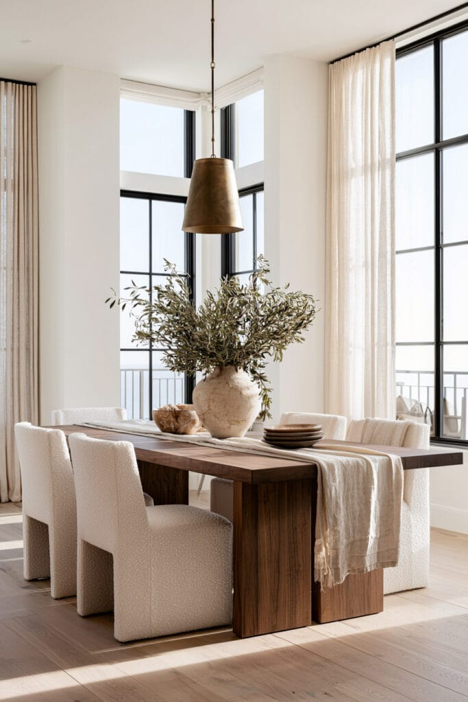 Chocolate brown wood dining table with cream upholstered chairs, linen curtains, brass pendant, and warm neutral decor.