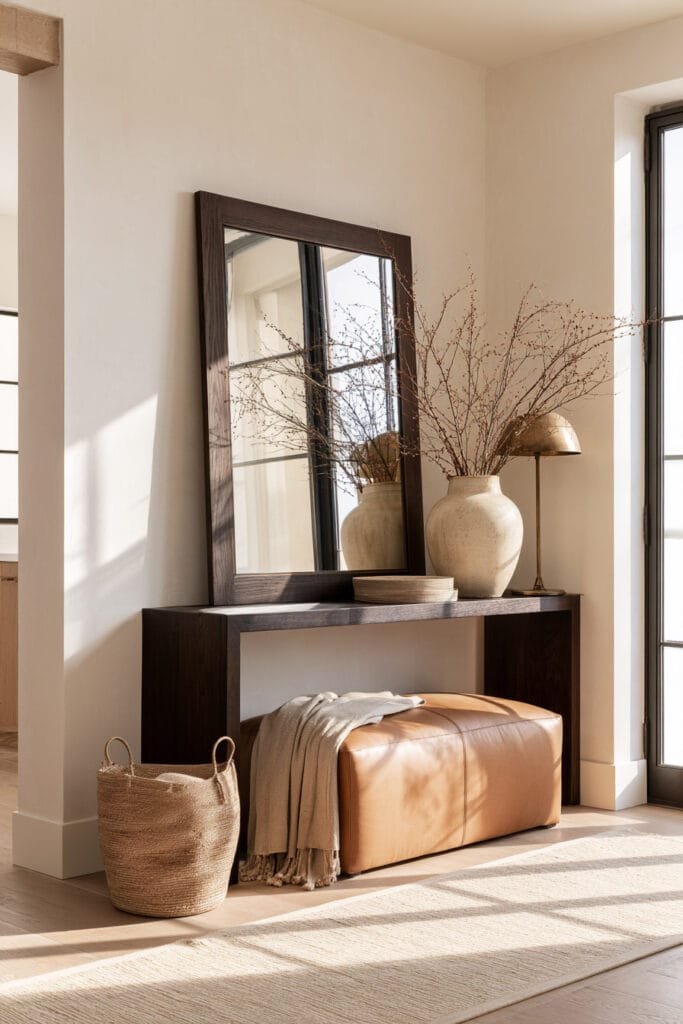 Timeless warm neutral entryway with dark wood console, oversized mirror, cognac leather bench, ceramic vase, woven basket, and cream rug.