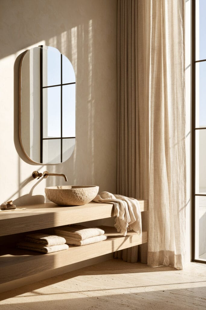 Warm minimalist bathroom with a pale wood vanity, stone vessel sink, rounded mirror, linen curtains, brass faucet, and soft natural sunlight.