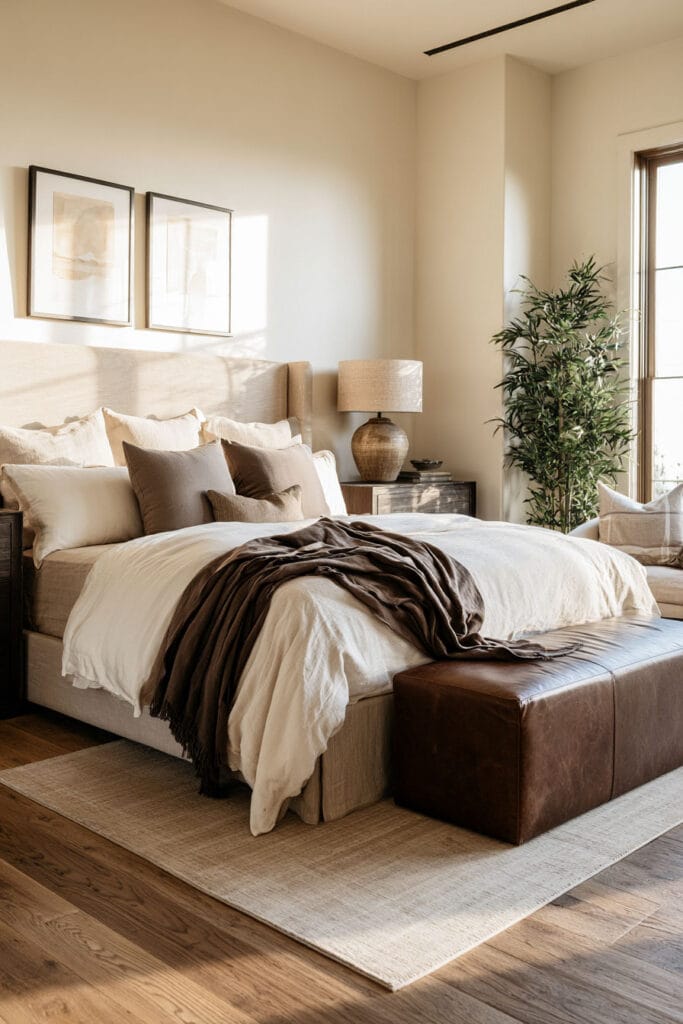 Beige, brown, and cream bedroom with cream linen bedding, chocolate brown throw, brown leather bench, dark wood nightstands, and neutral rug.