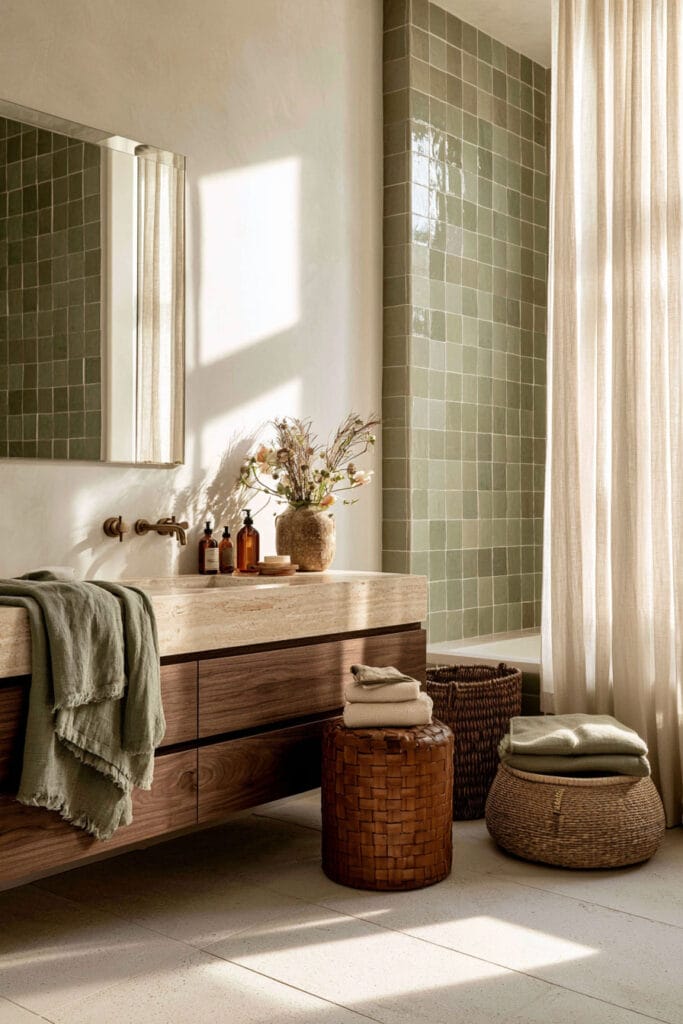 Chocolate brown bathroom vanity with olive green tile, cream stone, sage towels, woven baskets, and warm natural light.