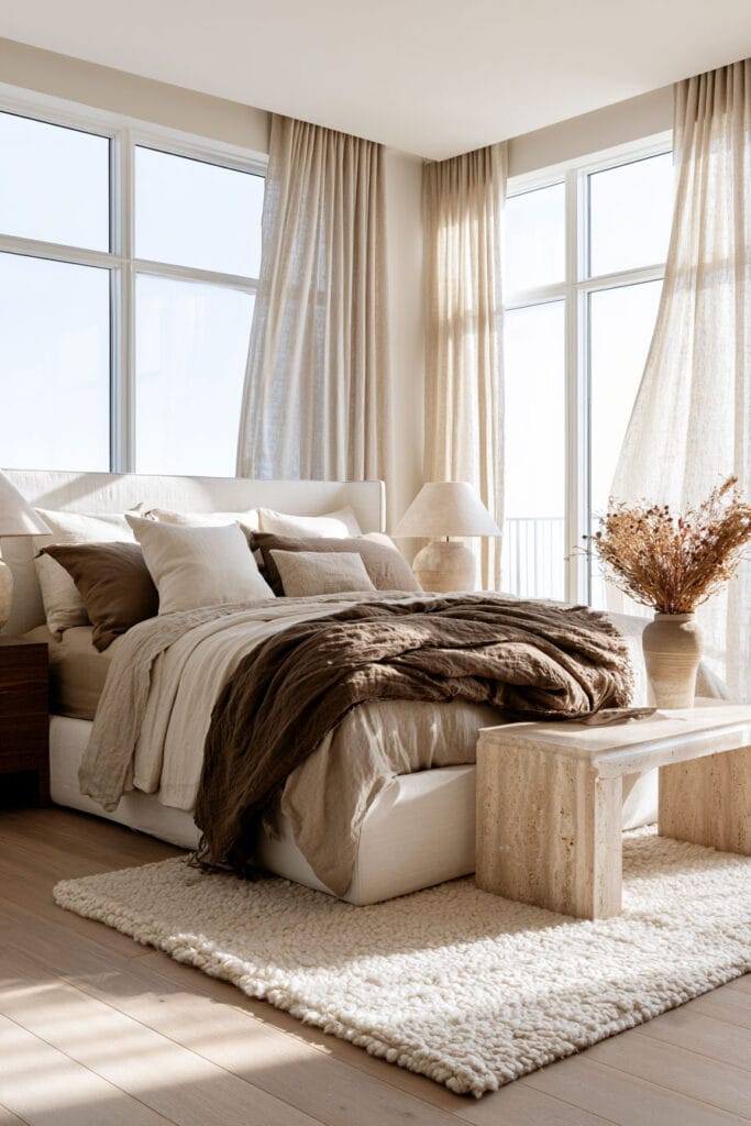 Cream upholstered bed with chocolate brown bedding, neutral linen layers, ivory rug, natural wood nightstands, and stone bench.