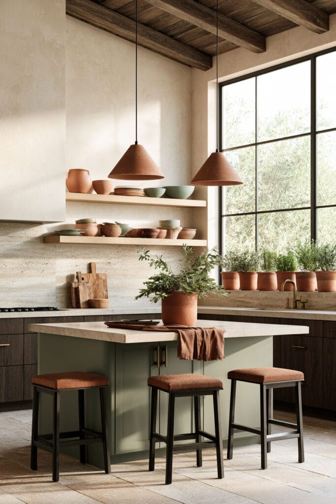Chocolate brown kitchen cabinets with olive green island, terracotta accents, rust stools, natural stone, wood beams, and earthy decor.