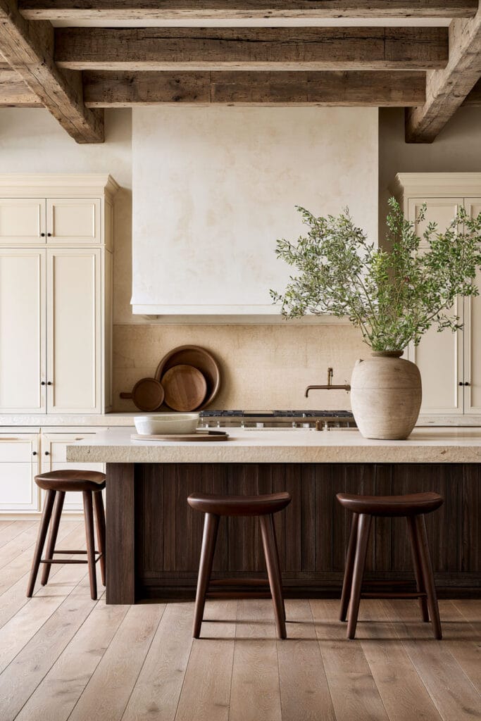 Timeless warm neutral kitchen with cream cabinets, dark brown wood island, rustic ceiling beams, wood stools, natural stone, and ceramic vase.