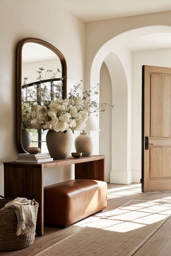 Warm minimalist entryway with white flowers and natural branches, an earthy ceramic vase, arched mirror, wood console, and cognac leather bench.