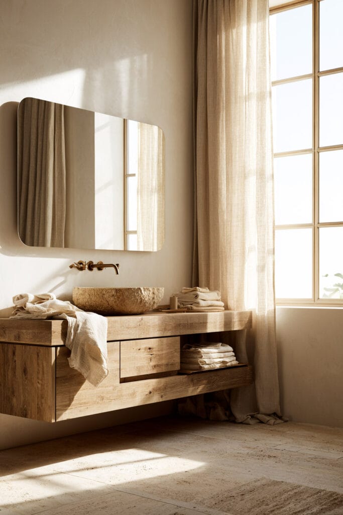 Beige, brown, and cream bathroom with natural wood vanity, stone vessel sink, linen curtains, and warm sunlight through a large window.