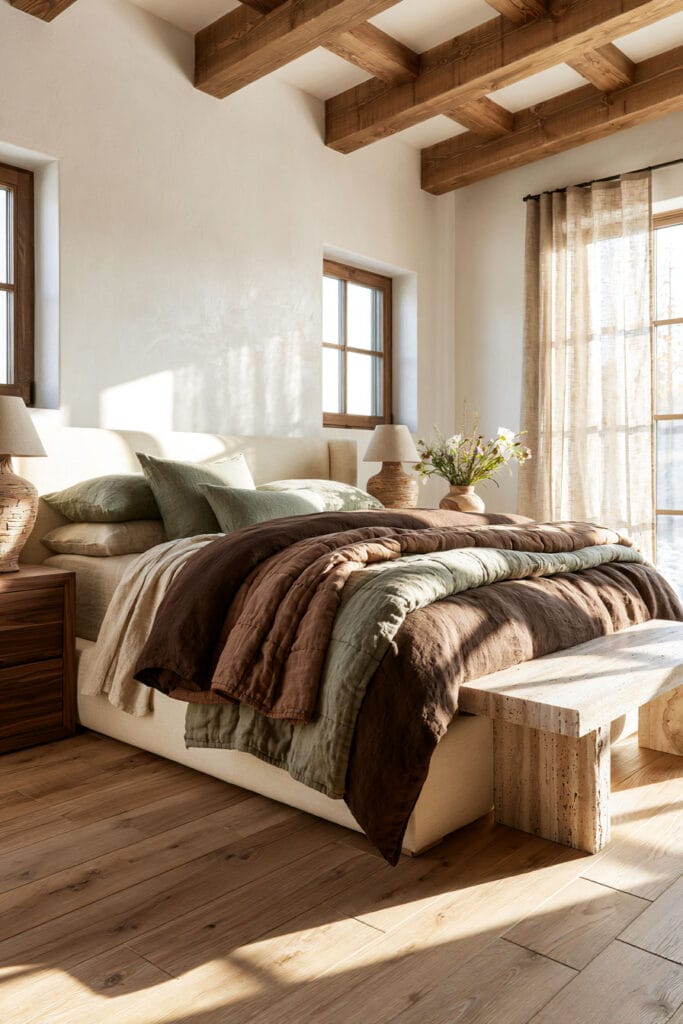 Sunlit bedroom with chocolate brown bedding, sage green accents, cream walls, natural wood beams, and warm neutral decor.