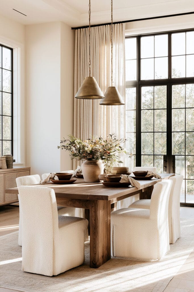 Chocolate brown wood dining table with cream upholstered chairs, dark brown tableware, brass pendant lights, and warm neutral dining room decor.
