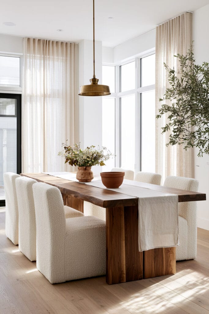 Chocolate brown wood dining table with cream chairs, terracotta decor, linen runner, brass pendant, and earthy neutral accents.