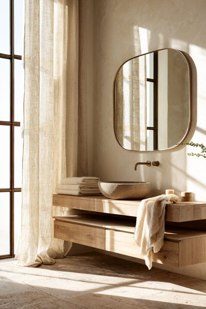Timeless warm neutral bathroom with natural wood vanity, stone vessel sink, rounded mirror, linen curtains, and soft natural sunlight.