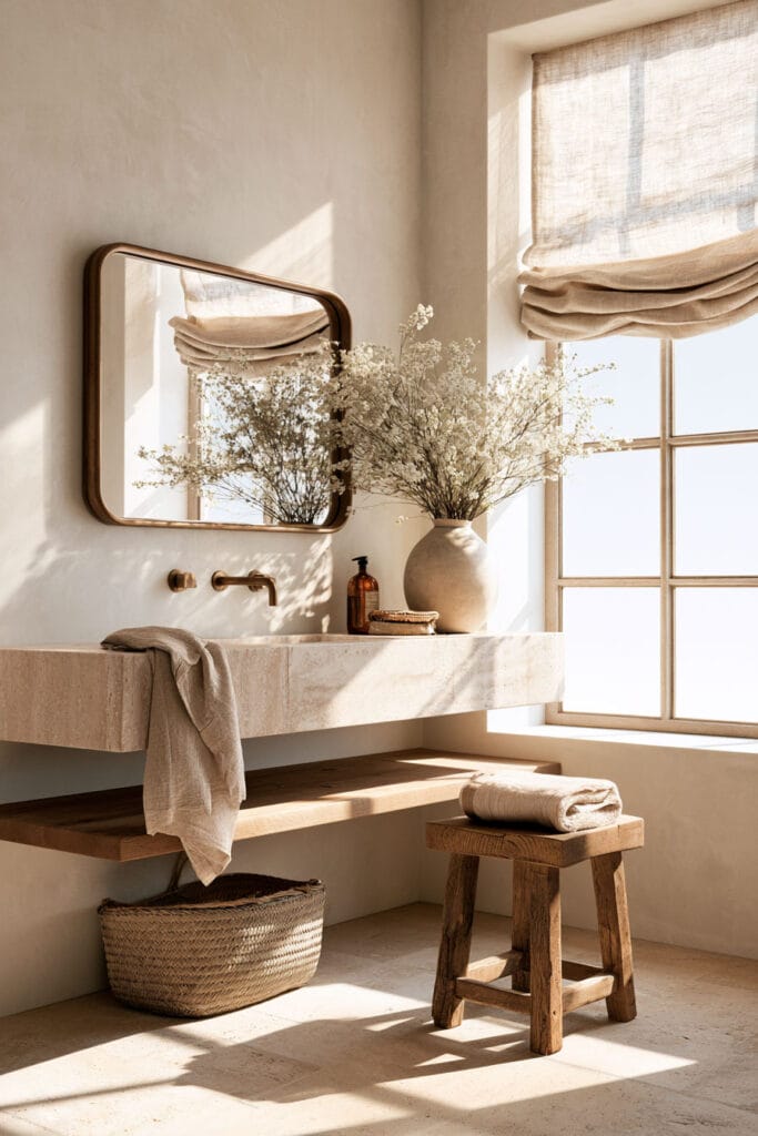 Warm minimalist bathroom with white flowering branches, ceramic vase, stone vanity, warm wood accents, linen Roman shade, and natural sunlight.