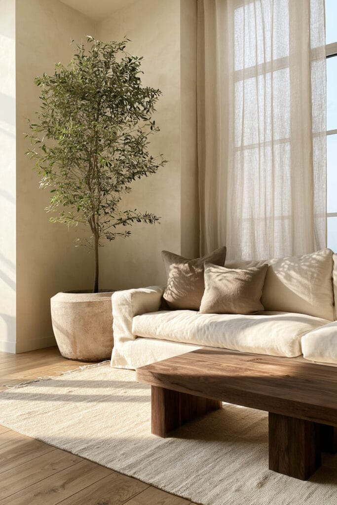 Beige, brown, and cream living room with cream sofa, dark wood coffee table, indoor olive tree, linen curtains, and neutral rug.