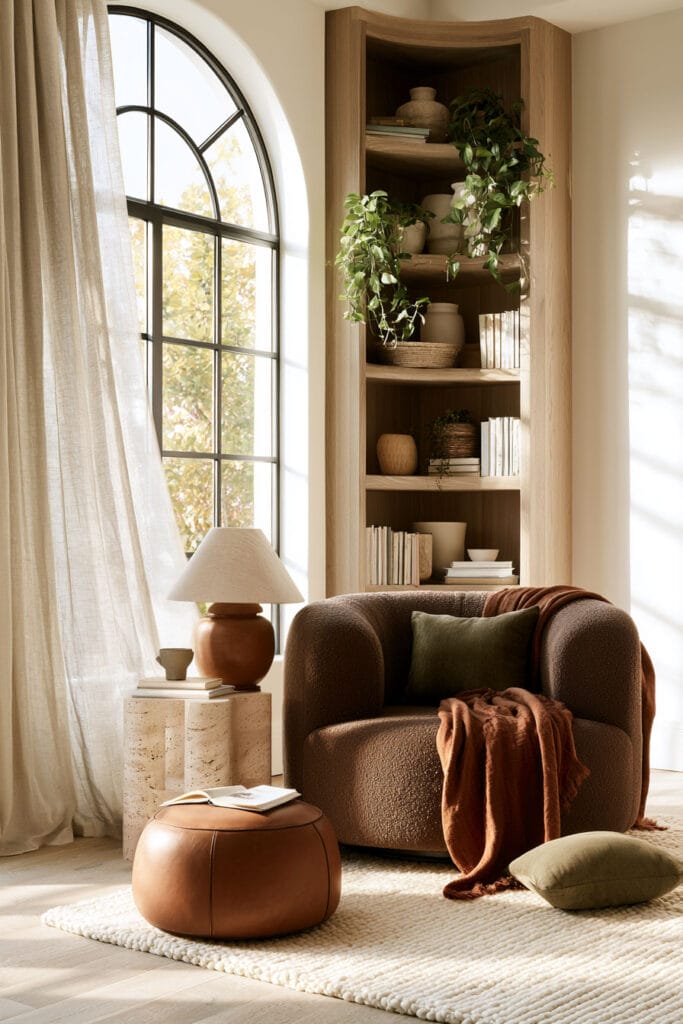 Chocolate brown boucle chair with cognac leather ottoman, rust throw, olive green pillows, warm wood shelving, and neutral reading corner decor.