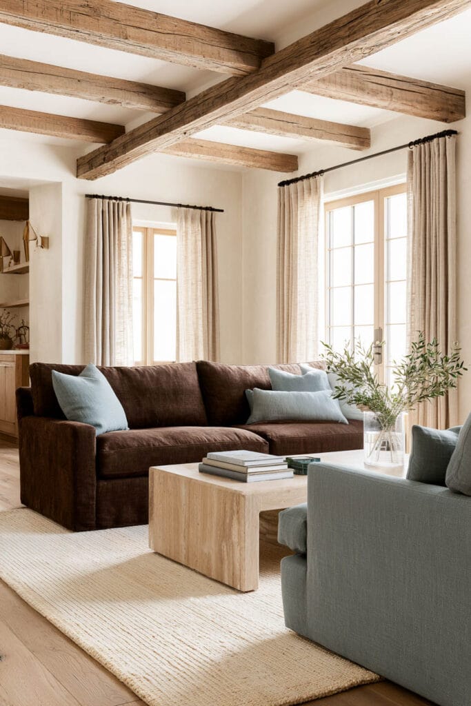 Bright living room with chocolate brown sofa, dusty blue accents, cream walls, natural wood beams, and light neutral decor.