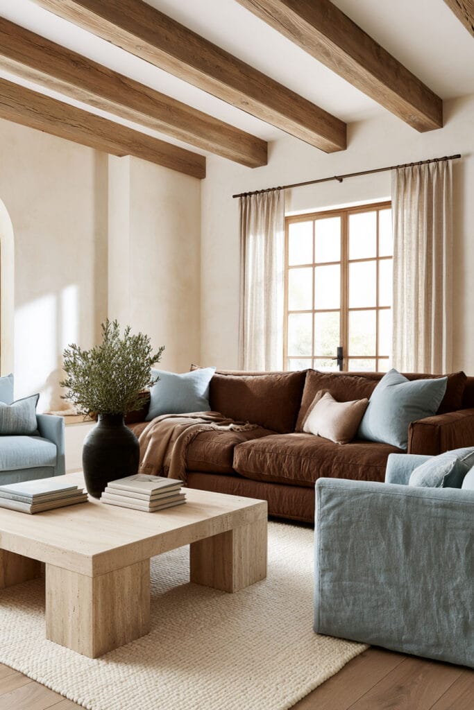 Chocolate brown sofa with dusty blue accent chairs and pillows, natural wood beams, cream walls, and warm neutral decor.