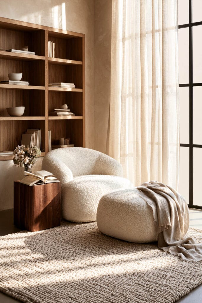 Timeless warm neutral reading nook with cream boucle chair, wood bookshelves, linen curtains, textured rug, and soft natural sunlight.