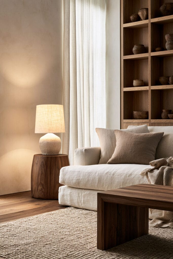 Warm minimalist living room with a sculptural ceramic table lamp, walnut side table, cream linen sofa, dark wood shelving, and soft ambient lighting.