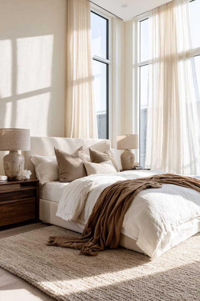 Beige, brown, and cream bedroom with white linen bedding, brown throw, wood nightstands, neutral rug, and floor-to-ceiling sheer curtains.