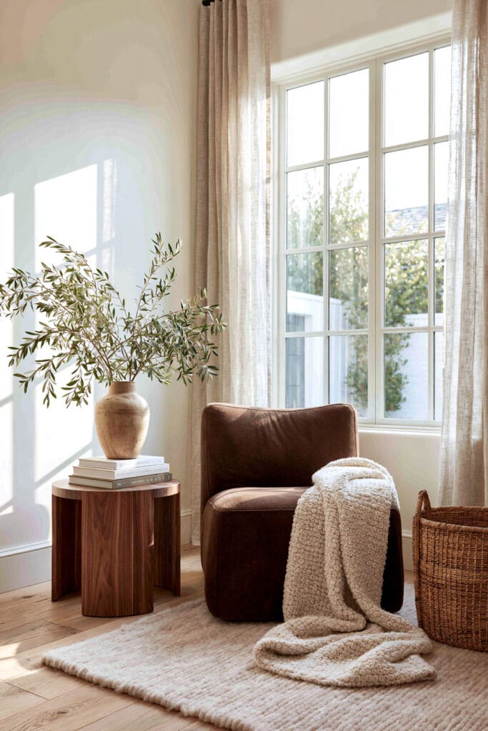 Bright reading nook with chocolate brown chair, walnut side table, cream throw, neutral rug, olive branches, and natural sunlight.