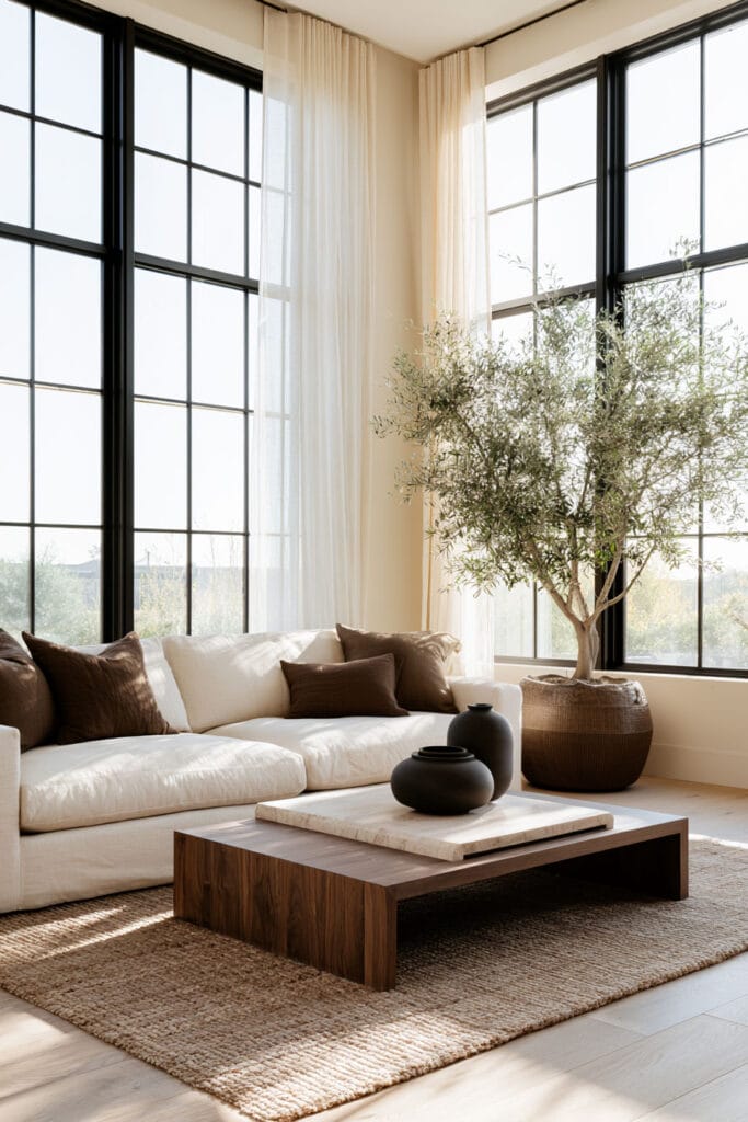 Sun-filled living room with cream sofa, chocolate brown pillows, dark wood coffee table, woven rug, and warm neutral decor.