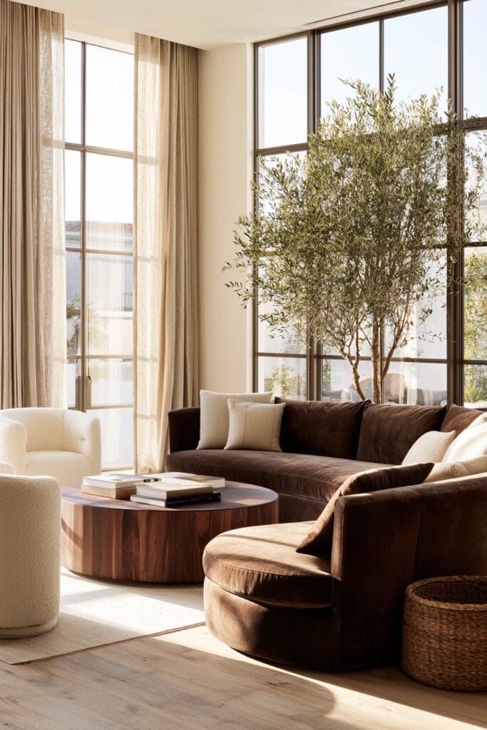 Chocolate brown velvet sectional with cream boucle chairs, dark wood coffee table, linen curtains, and olive tree in a bright neutral living room.