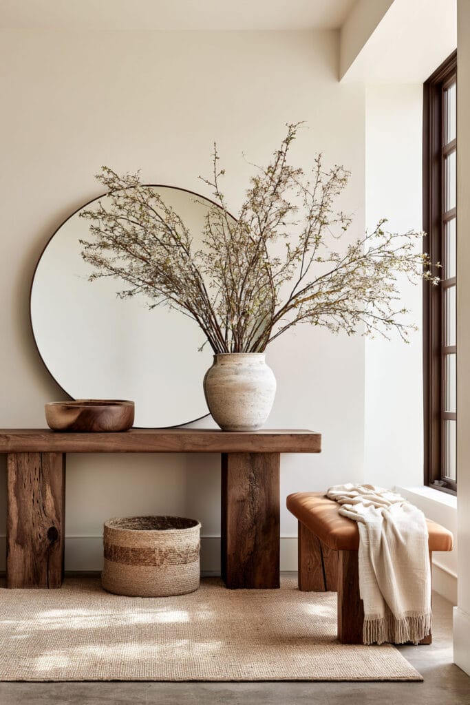 Warm neutral entryway with rustic wood console table, round mirror, ceramic vase, woven basket, leather bench, and cream textured rug.