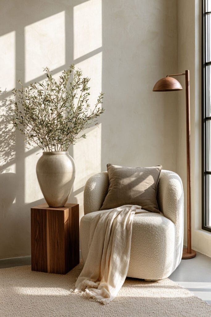 Warm minimalist reading nook with an ivory bouclé chair, walnut side table, ceramic vase, olive branches, linen throw, and warm natural sunlight.