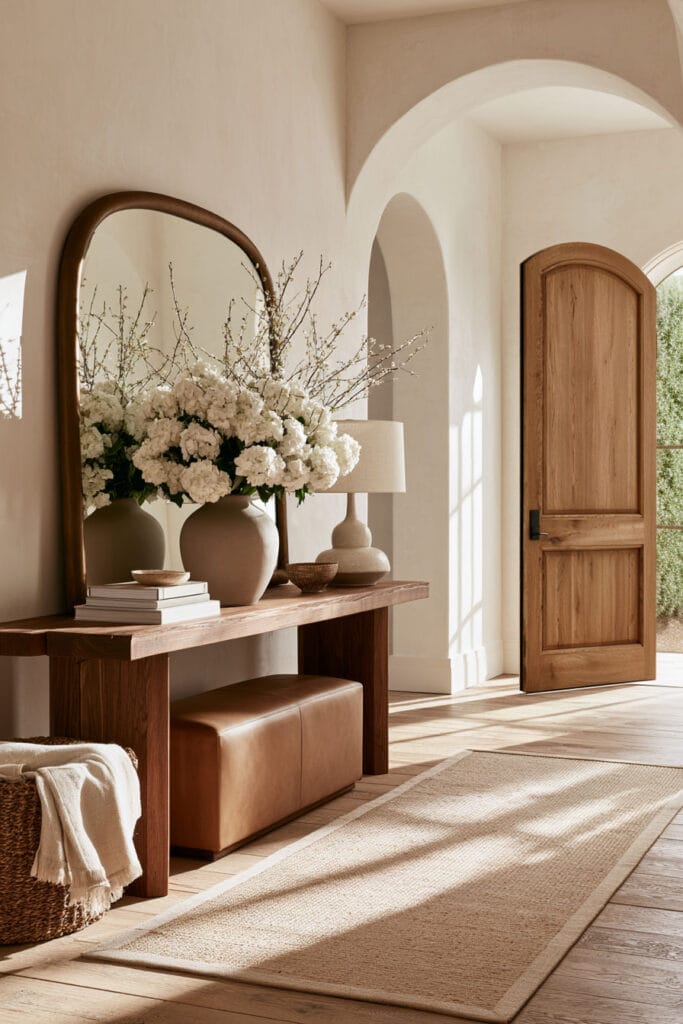 Beige, brown, and cream entryway with wood console table, large floral arrangement, arched doorway, wood door, neutral rug, and woven basket.