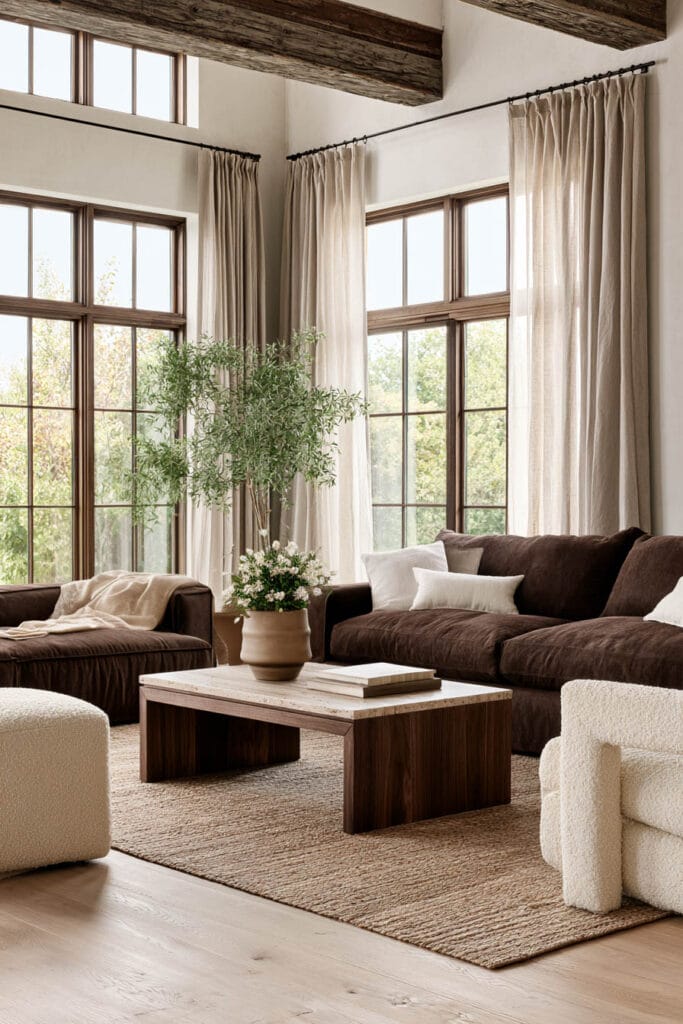 Bright living room with chocolate brown sofas, cream boucle chairs, neutral rug, light stone coffee table, and large sunlit windows.
