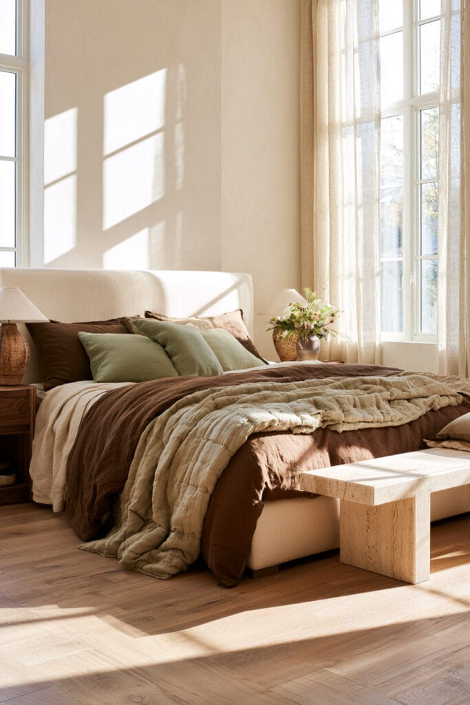 Chocolate brown bedding with sage green pillows, cream upholstered bed, natural wood nightstands, and warm earthy bedroom decor.