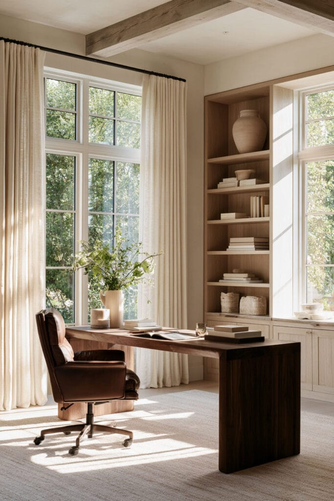 Chocolate brown wood desk with brown leather office chair, warm wood built-in shelves, cream curtains, and bright neutral home office decor.