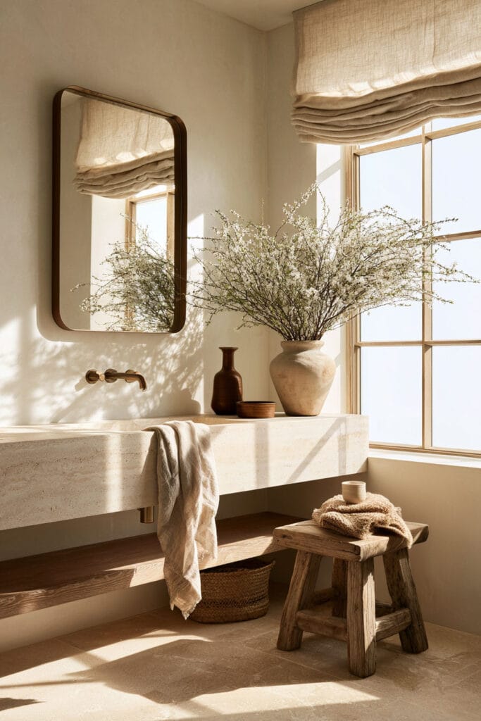 Timeless warm neutral bathroom with flowering branches, cream stone vanity, natural wood stool, linen Roman shade, and earthy pottery.