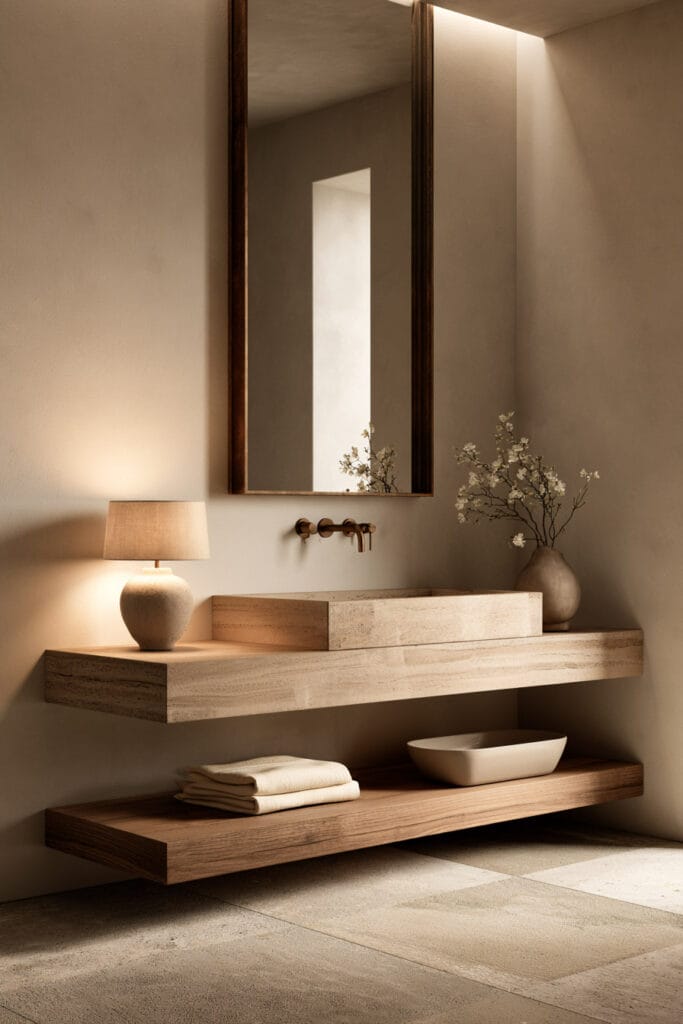 Warm minimalist bathroom with a sculptural ceramic table lamp, floating stone vanity, wood-framed mirror, natural wood shelf, and soft ambient lighting.