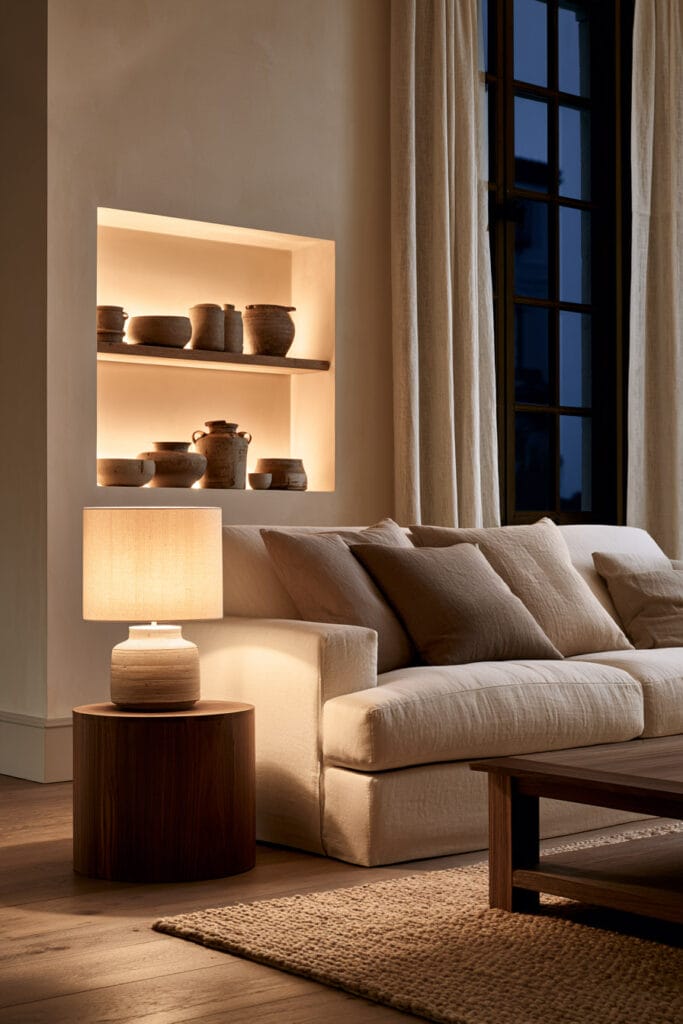 Beige, brown, and cream living room with warm ceramic table lamp, illuminated shelves, cream sofa, dark wood furniture, and neutral pottery.