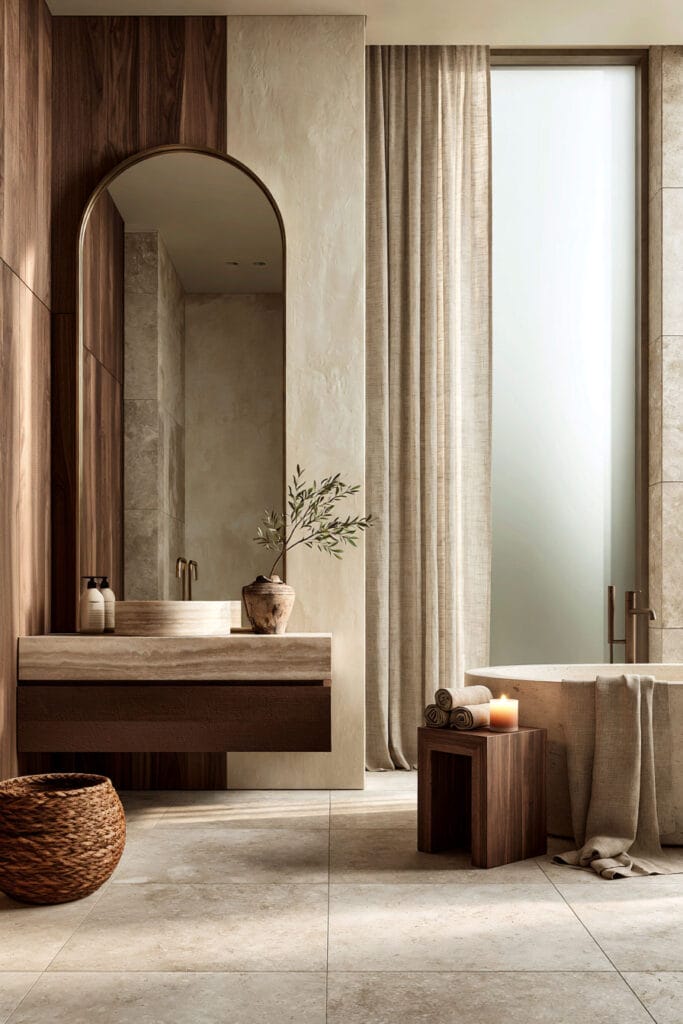 Bright bathroom with chocolate brown wood vanity, walnut wall paneling, cream limestone, linen curtains, and warm neutral decor.