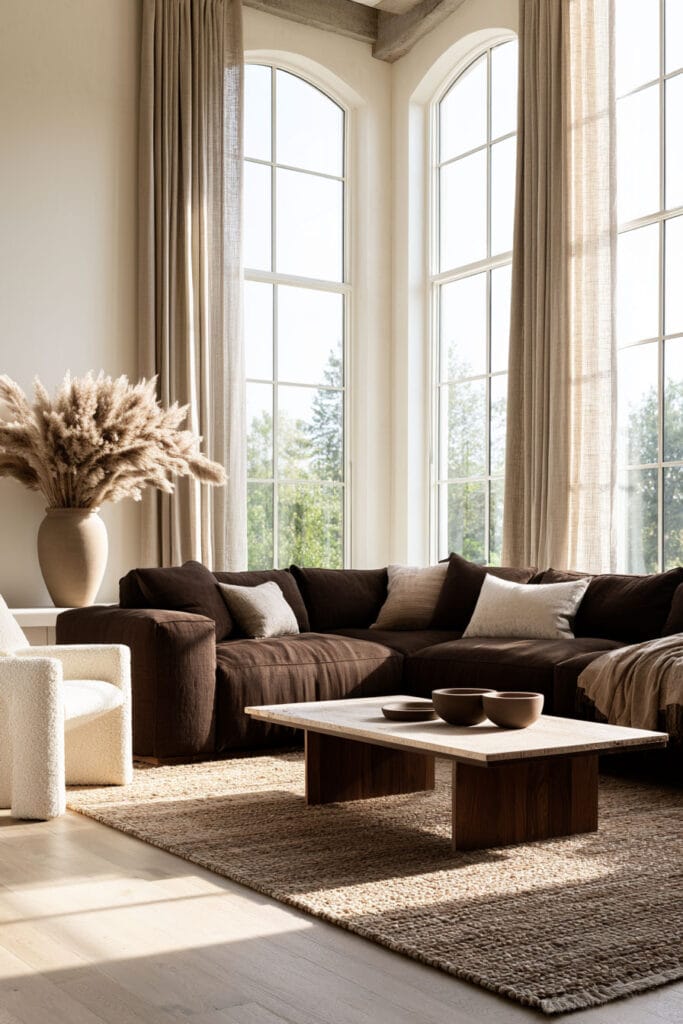 Chocolate brown sectional sofa with cream pillows, dark wood coffee table, ivory chair, woven rug, and warm neutral living room decor.