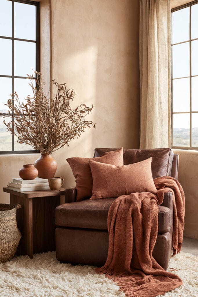 Chocolate brown leather chair with terracotta pillows, rust throw, cream rug, natural wood table, and warm neutral decor.