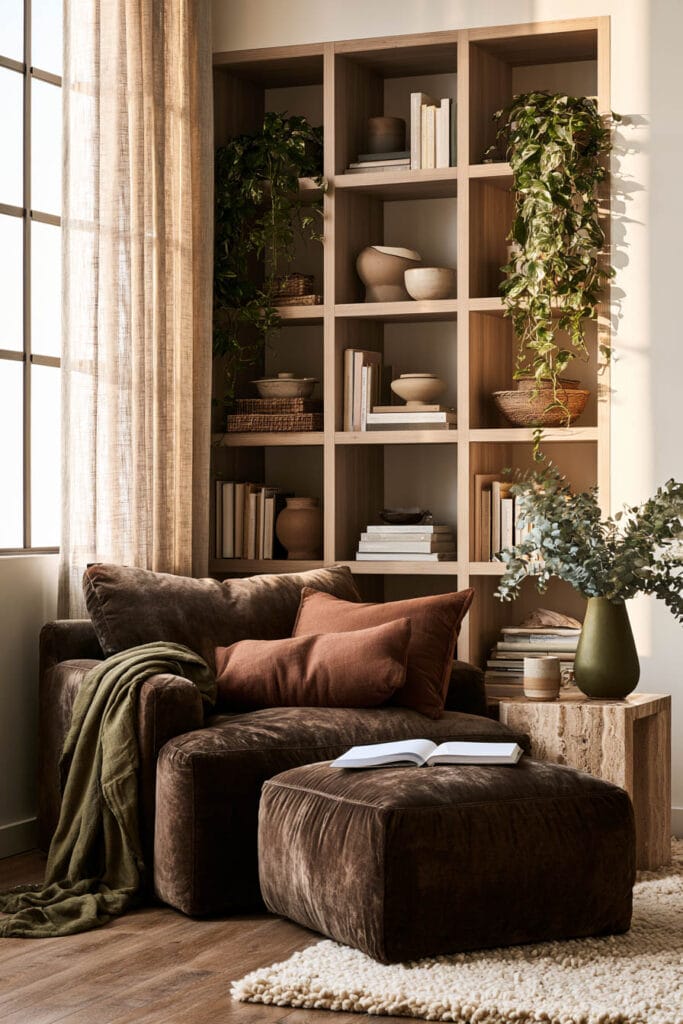 Chocolate brown velvet chair and ottoman with rust pillows, olive green throw, wood shelving, greenery, and warm earthy decor.