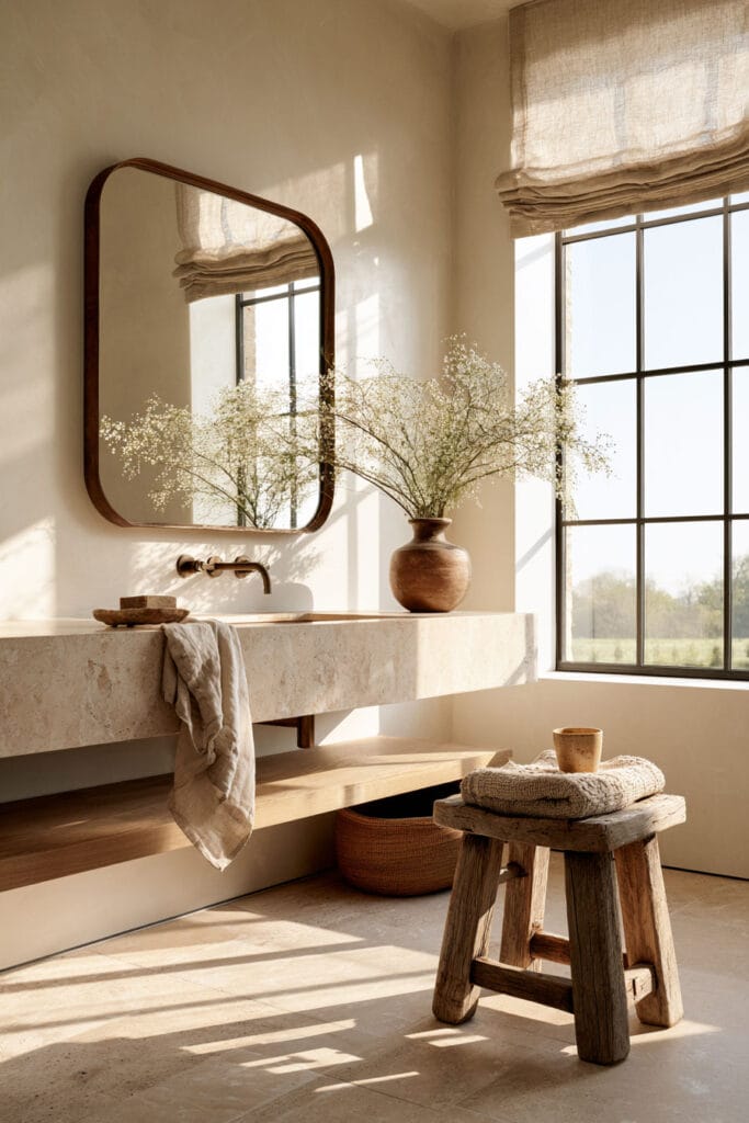 Timeless warm neutral bathroom with cream stone vanity, wood-framed mirror, flowering branches, rustic wood stool, and linen Roman shade.