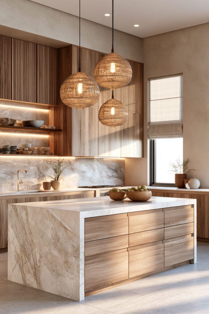 Warm minimalist kitchen with woven pendant lights, natural wood cabinets, creamy stone island, integrated shelf lighting, and soft ambient light.