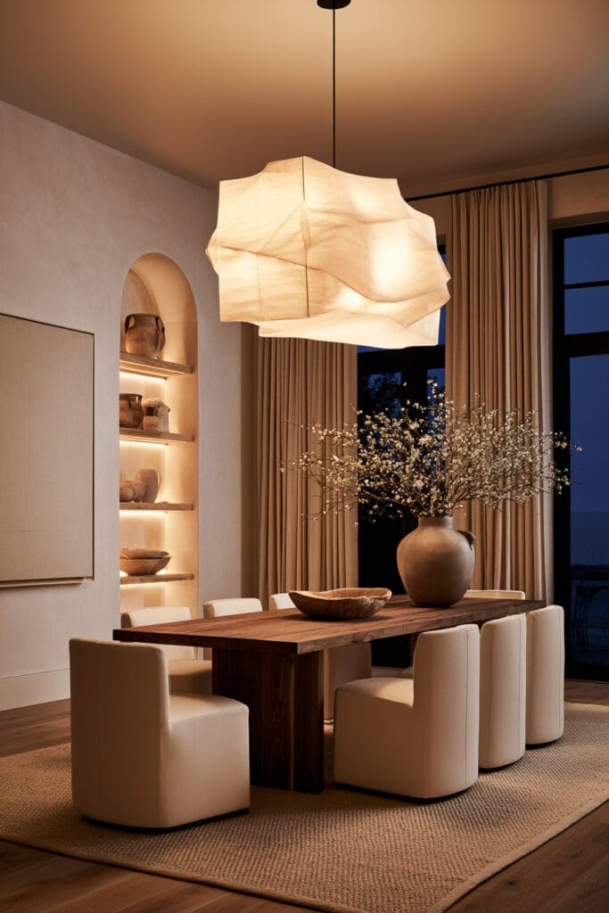 Beige, brown, and cream dining room with sculptural pendant light, dark wood dining table, cream chairs, arched shelves, and warm lighting.
