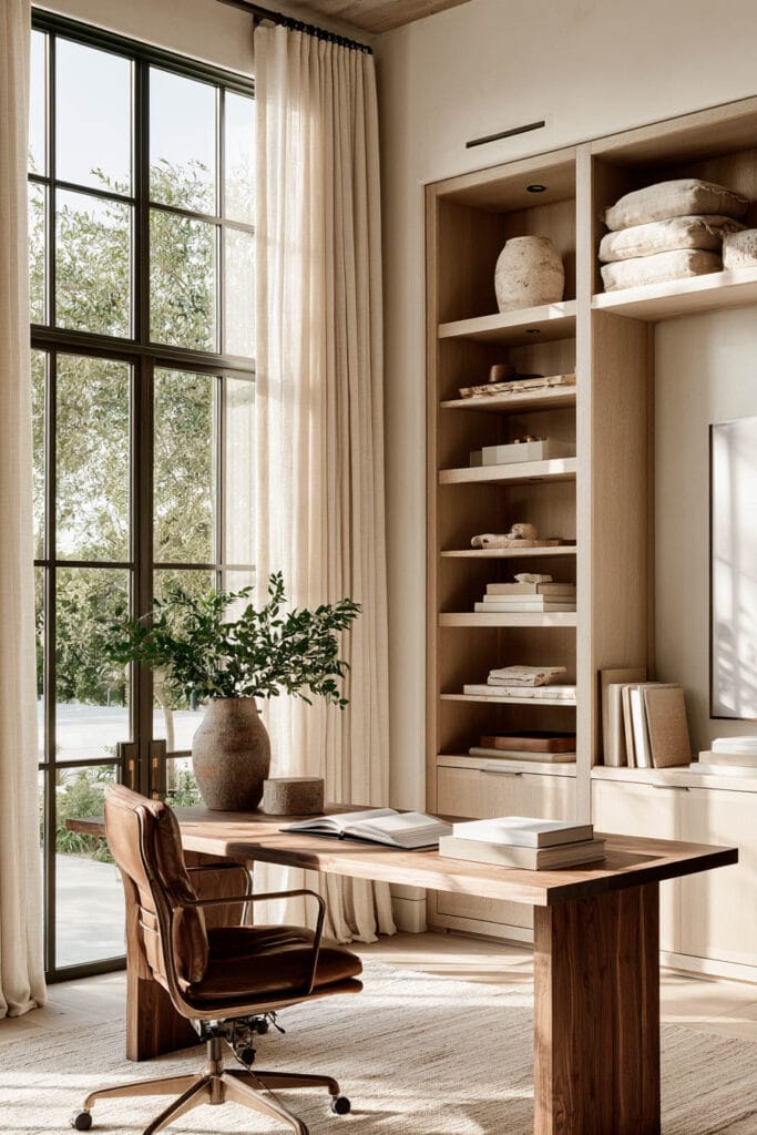 Chocolate brown wood desk with brown leather office chair, light wood built-ins, cream curtains, and warm neutral home office decor.