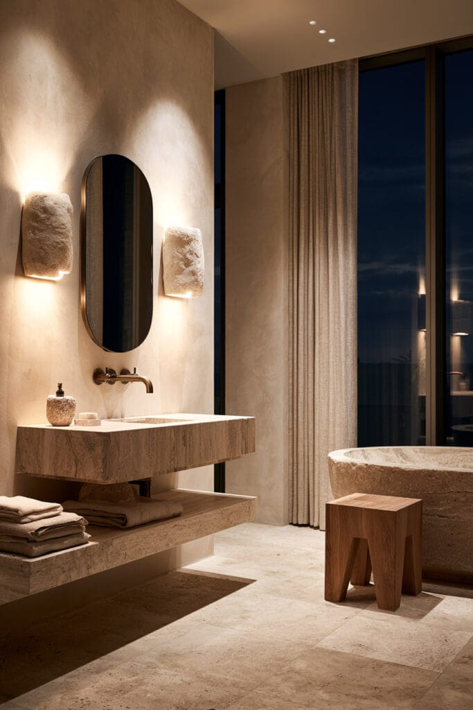 Timeless warm neutral bathroom with sculptural wall sconces, stone vanity, freestanding tub, wood stool, linen curtains, and warm ambient lighting.