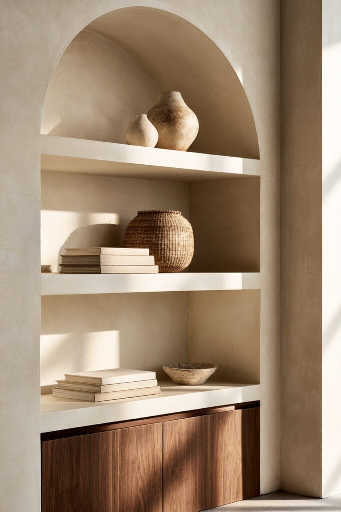 Warm minimalist arched built-in shelves styled with neutral books, ceramic vases, woven basket, stone bowl, walnut cabinetry, and simple decor.