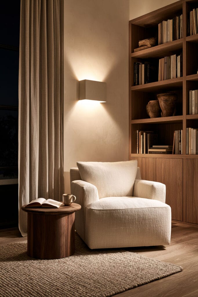 Beige, brown, and cream reading nook with cream armchair, dark wood built-in shelves, round wood side table, linen curtains, and warm wall sconce.